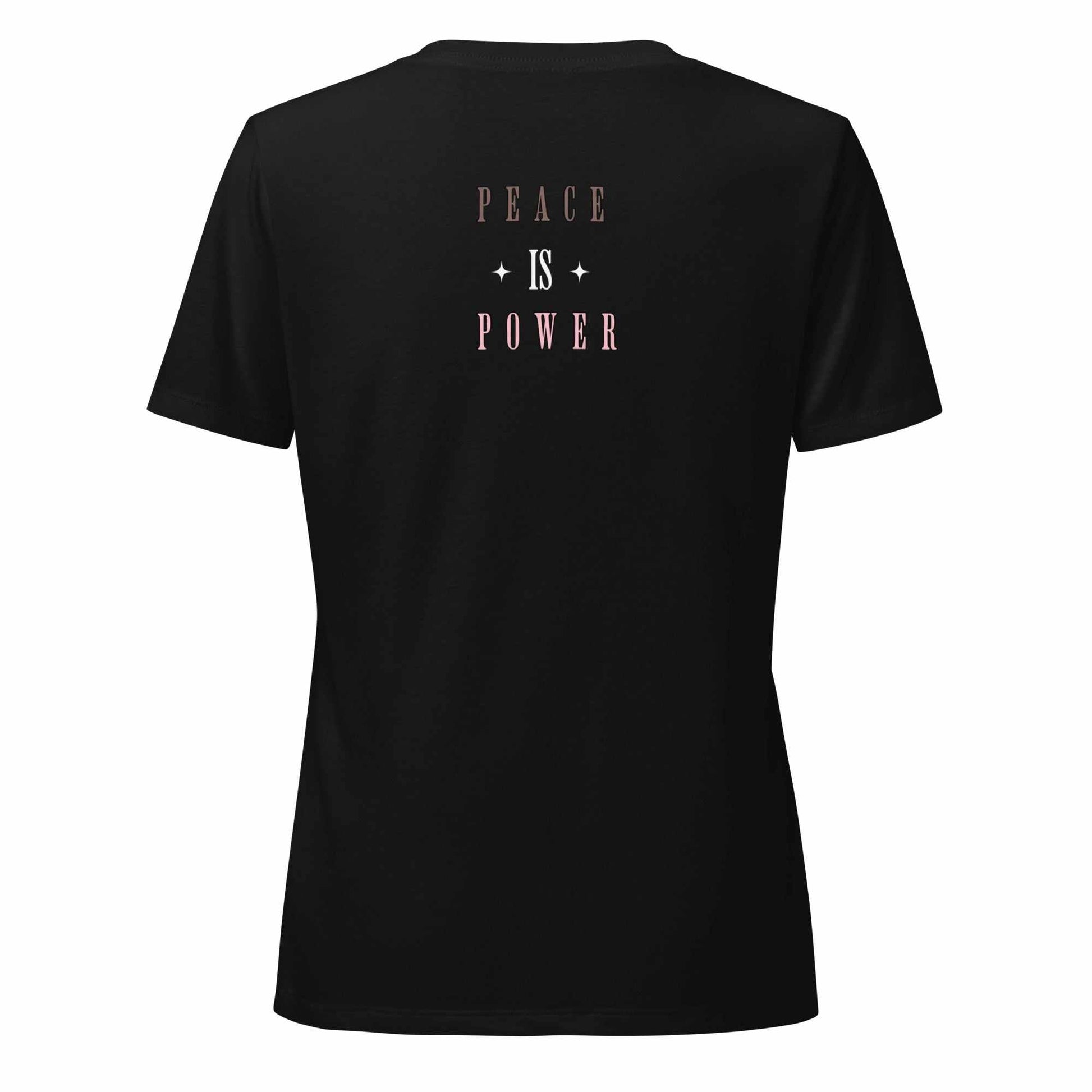 Women's Peace Is Power V-neck t-shirt in heather color with relaxed fit and soft fabric